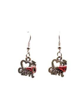 Vintage Love to Cheer Earrings, Silver Tone and Red Enamel Dangles, Cheerleader
